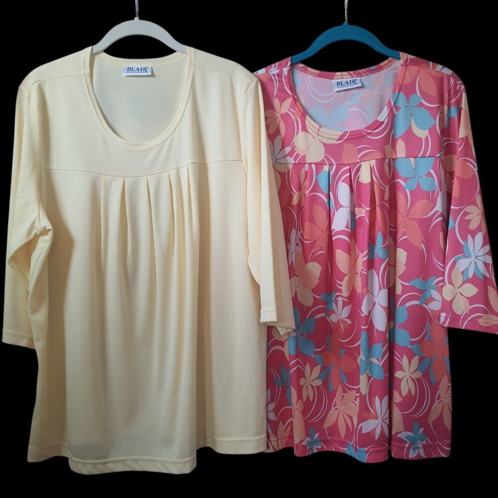 Lot Of 2 Blair Floral 3/4 Sleeve Shirts Women's  XL Blouse Pink Yellow Y2K